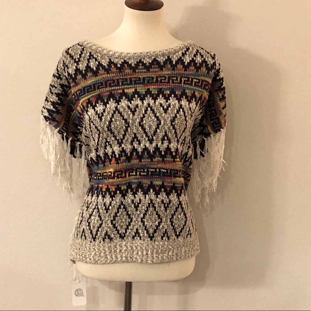 Round Neck Fringe Trim Poncho Sweater
